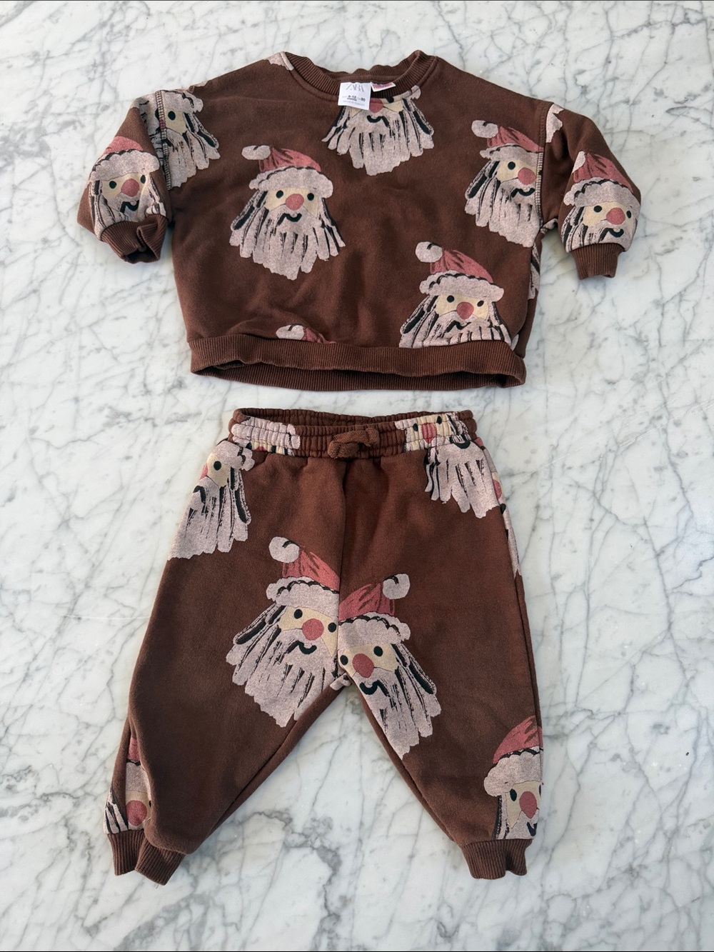 Zara Santa Sweatsuit Set Sz 9-12 Mo Brown